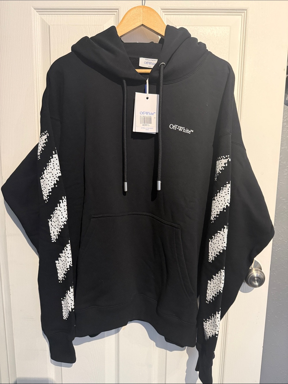 Off-White Black Hoodie with White Diagonal Sleeve Graphics